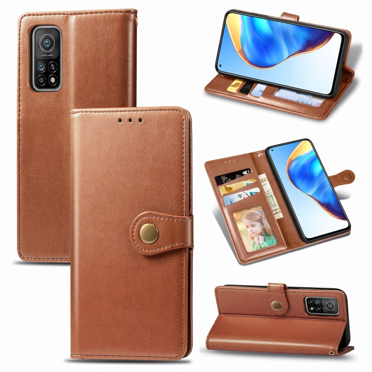 Brown leather phone wallet case with card slots, photo window, and magnetic strap