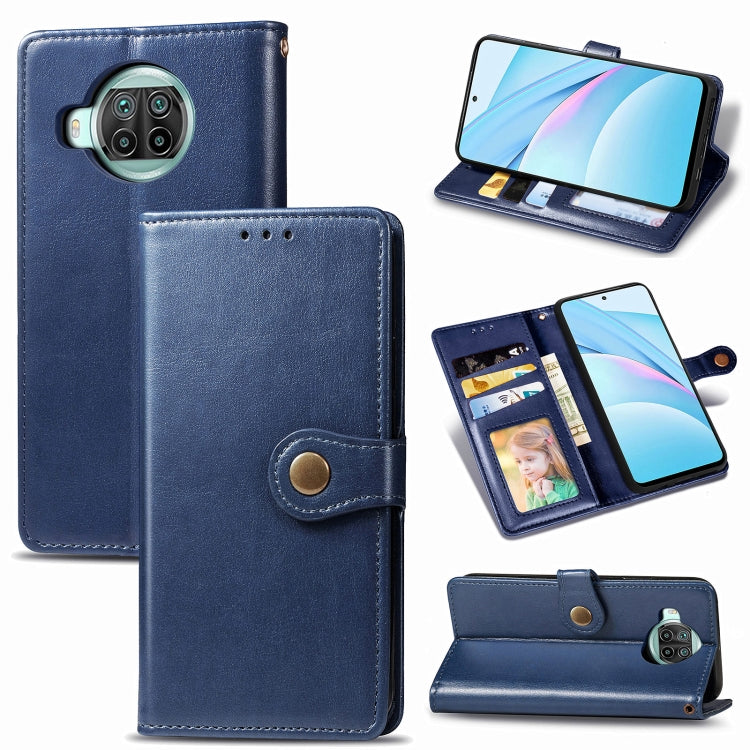 Blue leather phone wallet case with card slots, photo window, and stand function