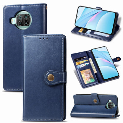Blue leather phone wallet case with card slots, photo window, and stand function