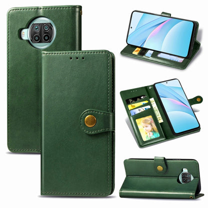 Green leather phone wallet case with card slots, photo window, and stand function