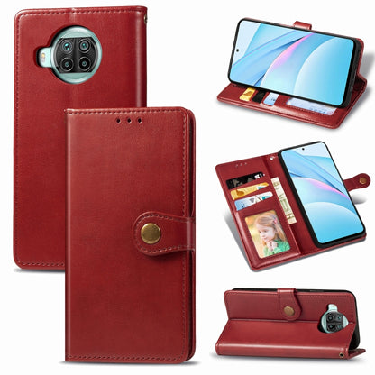 Red leather phone wallet case with card slots, photo window, and stand function