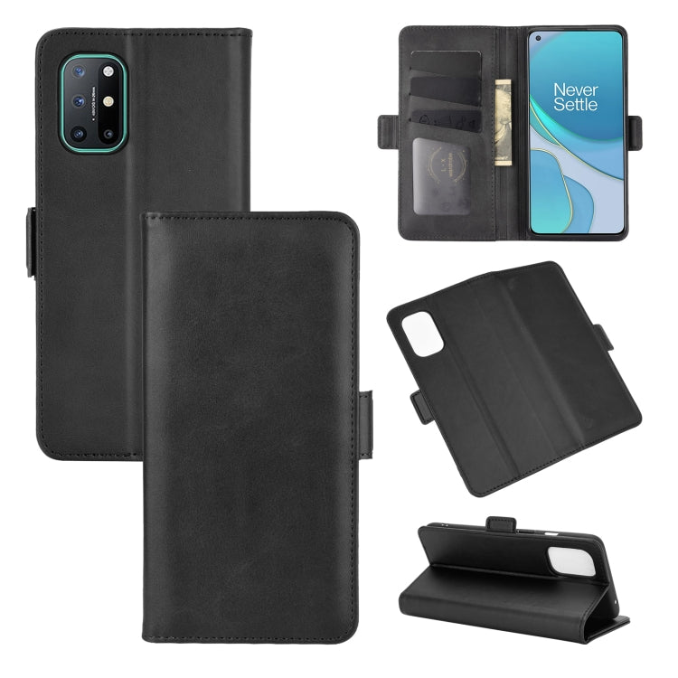 OnePlus 8T black leather flip case with magnetic buckle, card slots, and wallet
