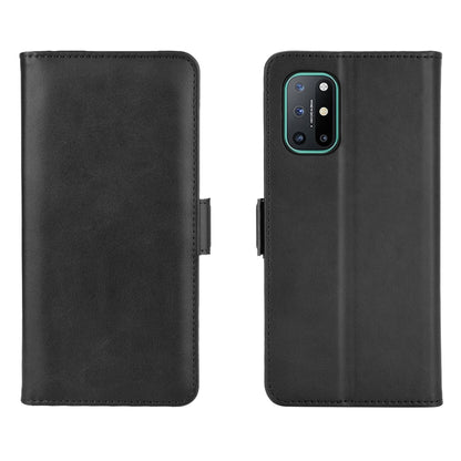 OnePlus 8T black leather flip case, front and back views with phone camera cutout