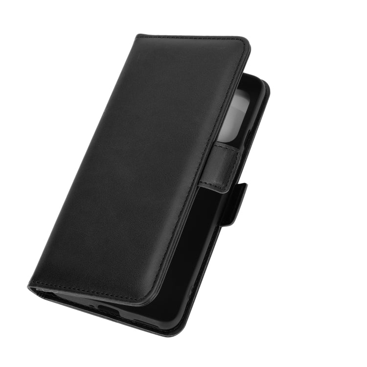 OnePlus 8T black leather flip case with magnetic closure in angled viewing stand position