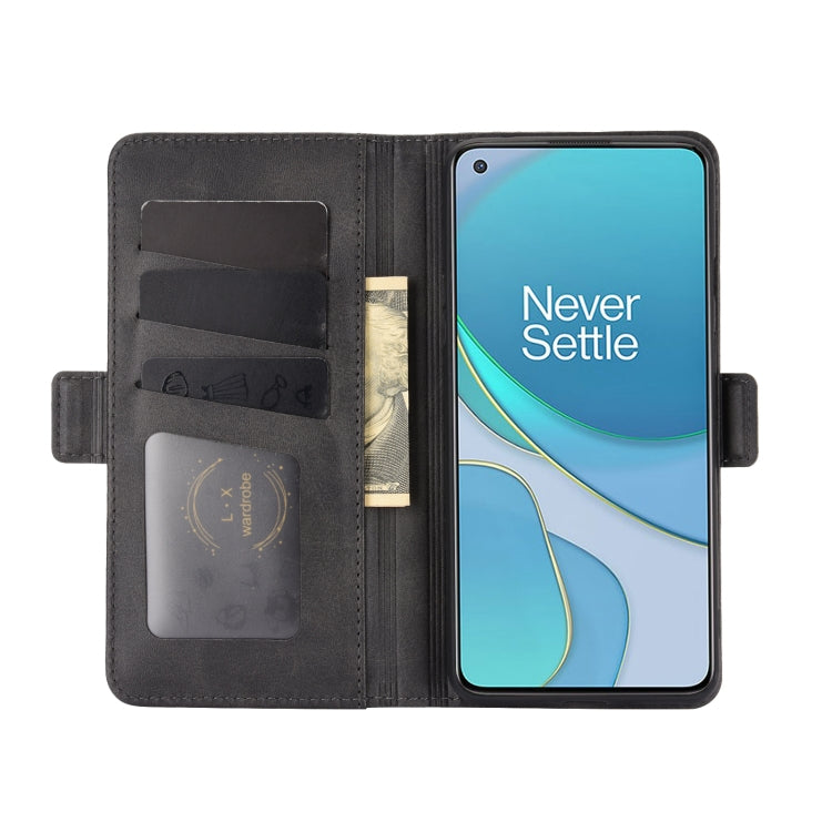 OnePlus 8T black leather wallet flip case with card slots and phone inserted