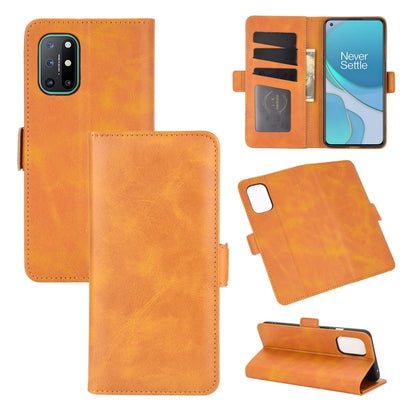 OnePlus 8T orange leather flip case with magnetic closure, card slots, and wallet
