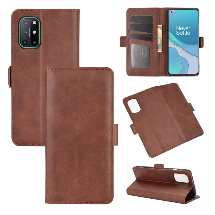 OnePlus 8T brown leather flip case with magnetic buckle, card slots, and wallet
