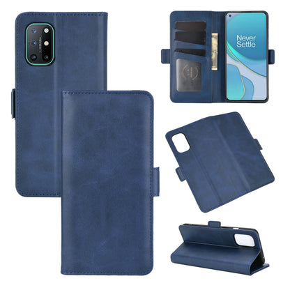 OnePlus 8T dark blue leather flip case with magnetic buckle, card slots, and wallet