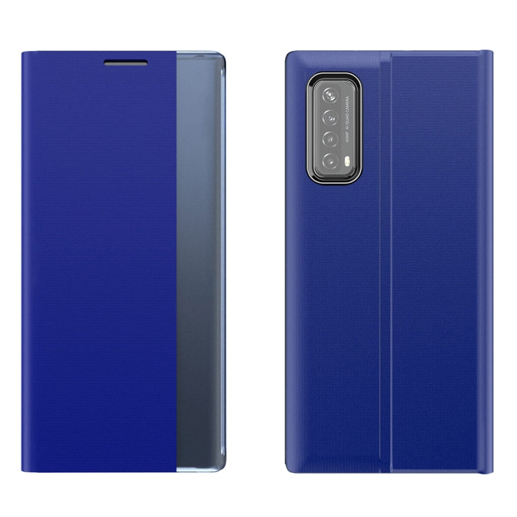 Blue flip phone case with textured cover and rear camera cutout