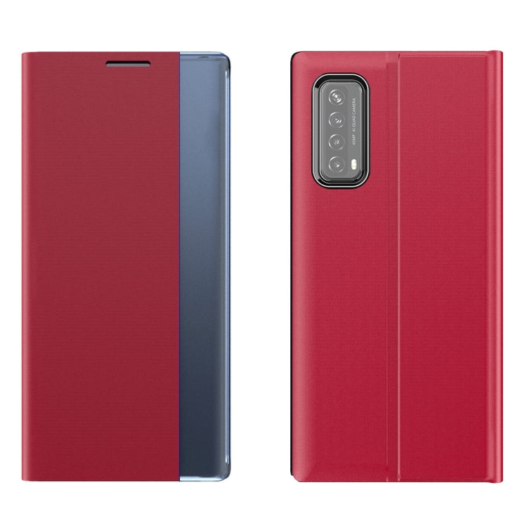 Red flip phone case with textured cover and rear camera cutout