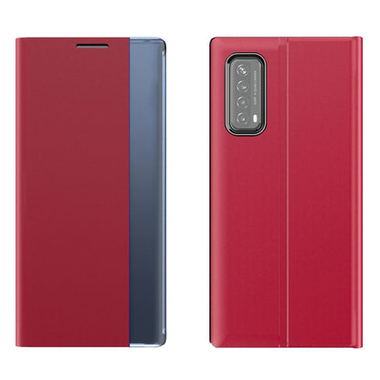 Red flip phone case with textured cover and rear camera cutout