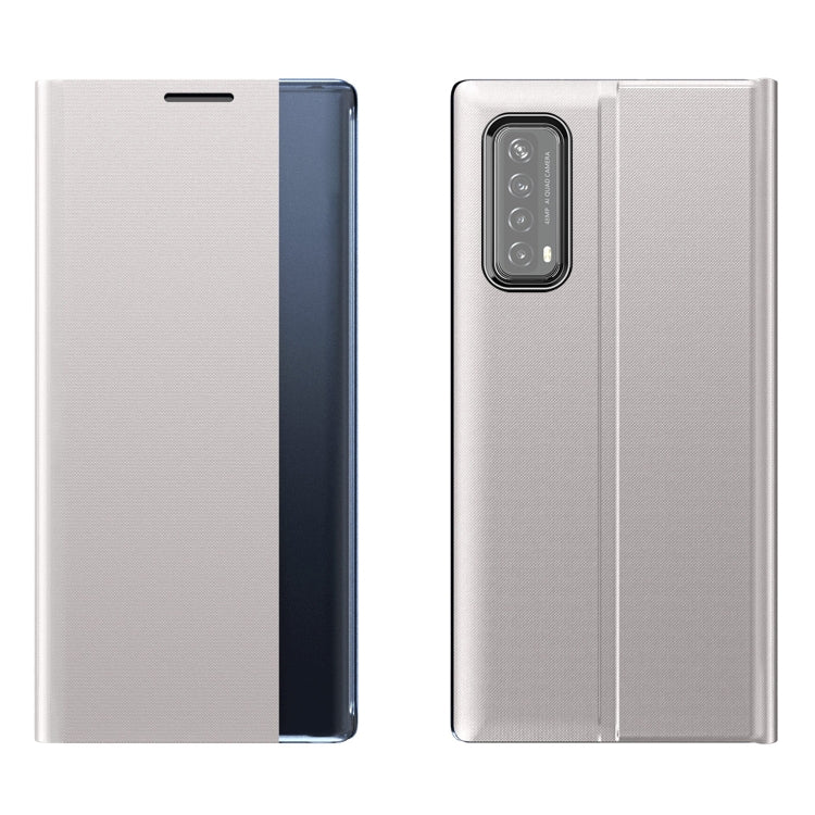 Light gray flip phone case with textured cover and rear camera cutout