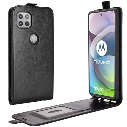 Black vertical flip leather phone case with card slot and cutout for camera and ports.