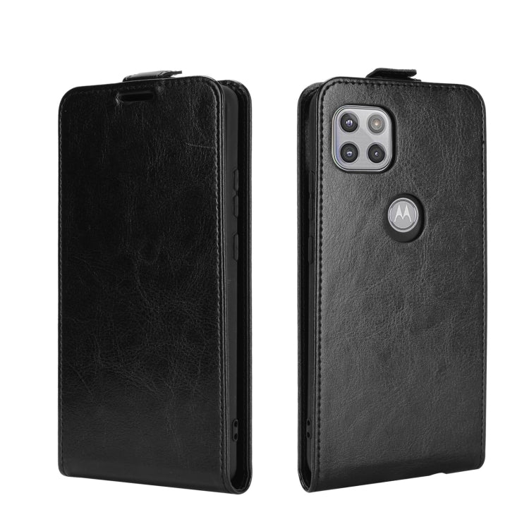 Black textured leather flip phone case, front and back view with phone camera cutout.