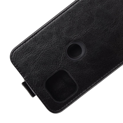 Black leather flip phone case corner detail with camera and speaker opening.