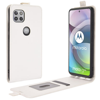 White textured leather vertical flip phone case with card slot and viewing window.