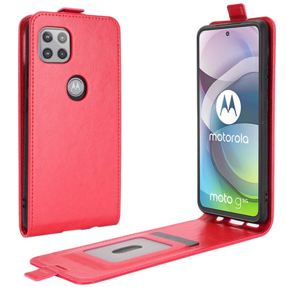 Red textured leather vertical flip phone case with card slot and front window for display.