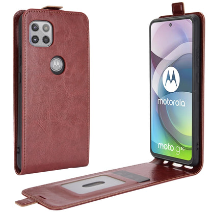 Brown textured leather vertical flip phone case with card slot and front viewing window.