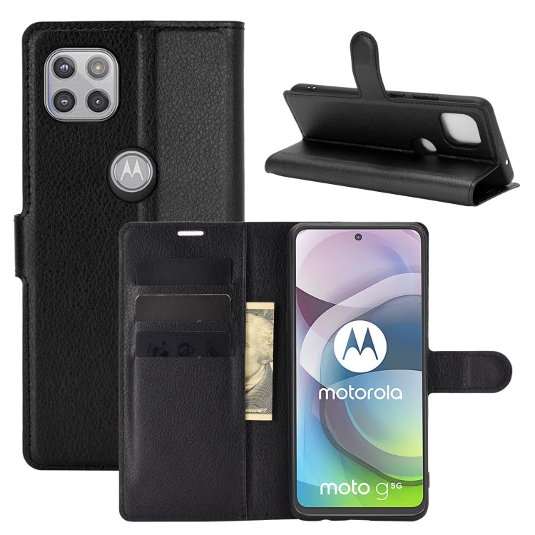 Black litchi-texture flip phone case with wallet, card slots, and stand holder