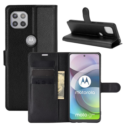 Black litchi-texture flip phone case with wallet, card slots, and stand holder