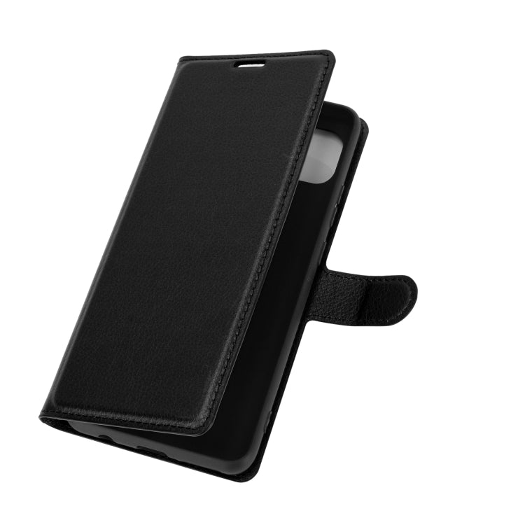 Black litchi-texture folio flip phone case with wrist strap and camera cutout