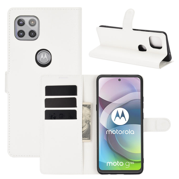 White litchi-texture flip phone case with wallet card slots and foldable stand