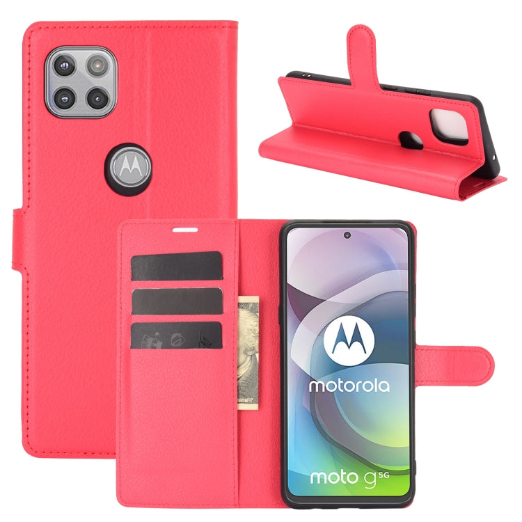 Red litchi-texture flip phone case with wallet card slots and foldable stand