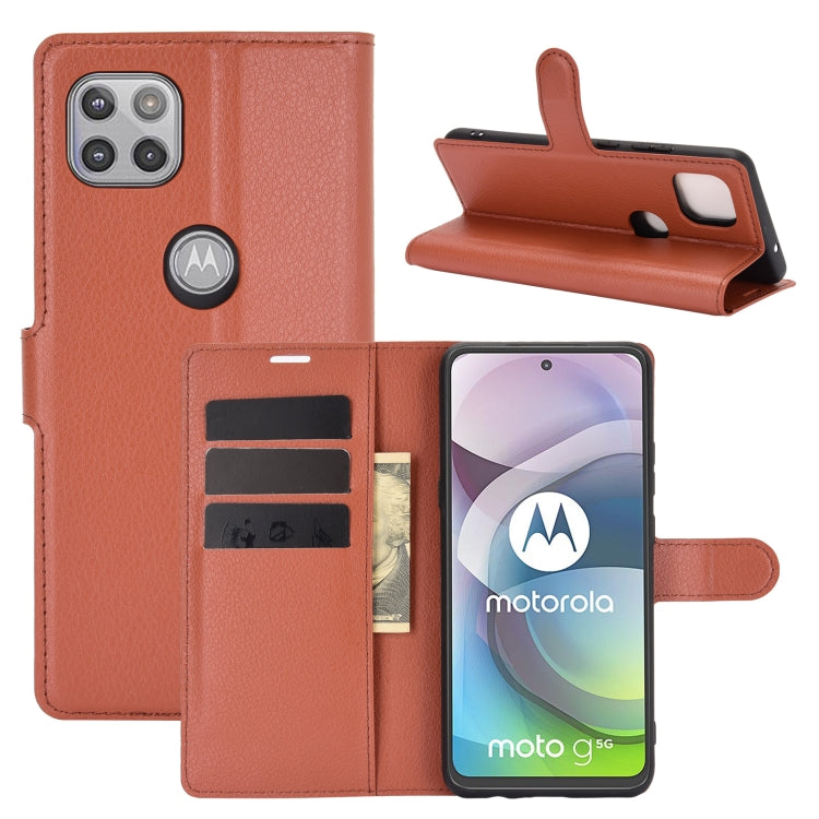 Brown litchi-texture flip phone case with wallet card slots and foldable stand