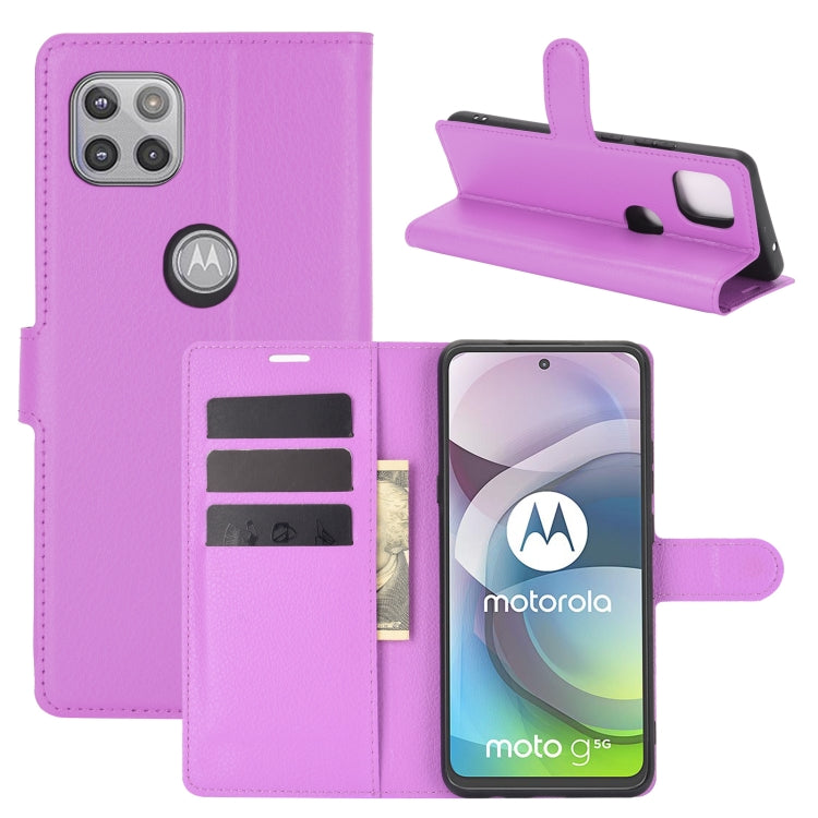 Purple litchi-texture flip phone case with wallet card slots and foldable stand
