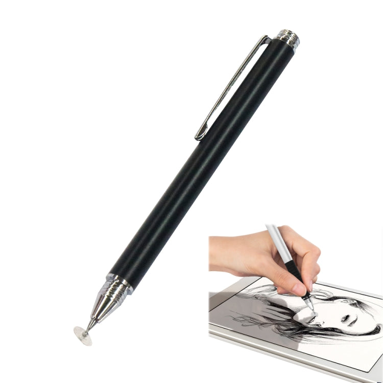 Black capacitive touch stylus with metal tip and clicker, shown writing on a tablet
