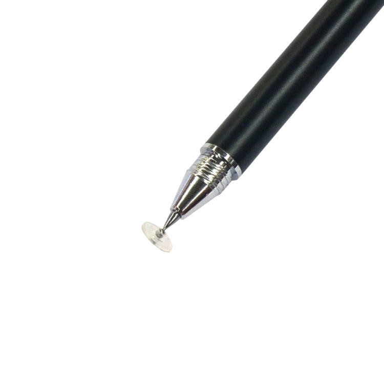 Black capacitive touch stylus close-up with metal threaded tip and rubber-like point