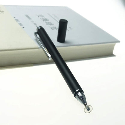 Black capacitive touch stylus with metal clip, cap, and precision tip
