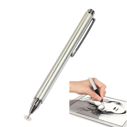 Silvery capacitive touch stylus with metal tip, shown writing on a tablet