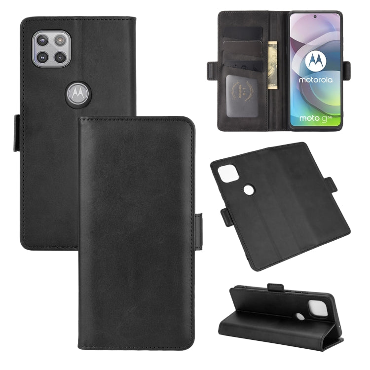 Black leather flip phone case with magnetic closure, card slots, and stand support