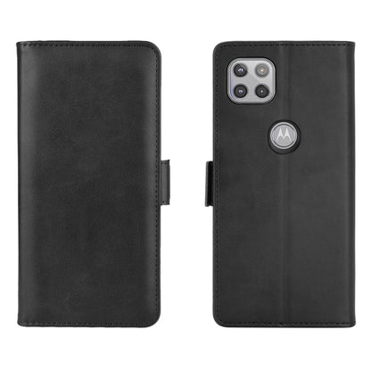 Black leather flip phone case with Motorola logo, showing front and back panels