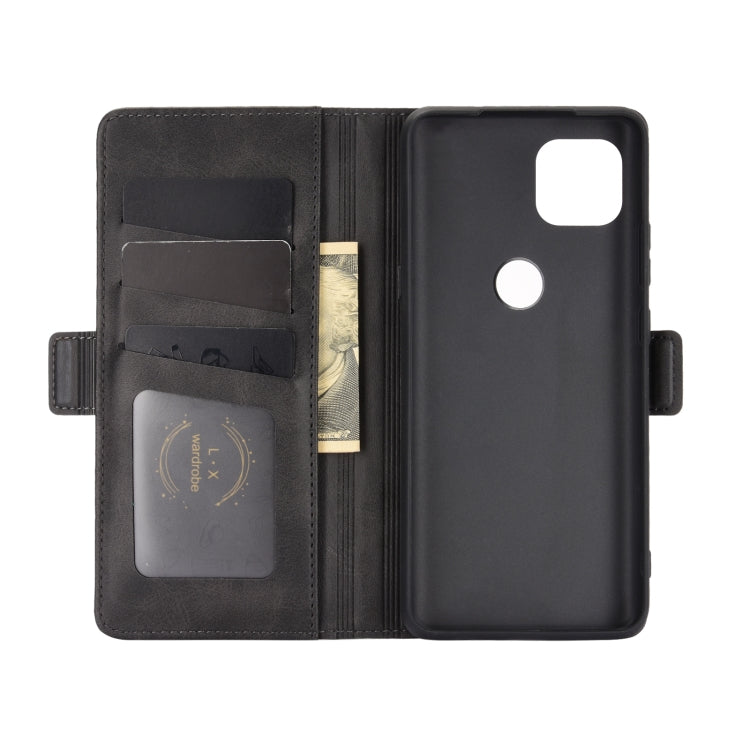 Black leather wallet flip phone case open view with card slots and inner holders