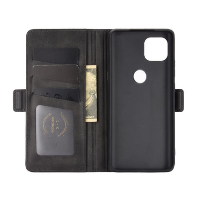Black leather wallet flip phone case open view with card slots and inner holders