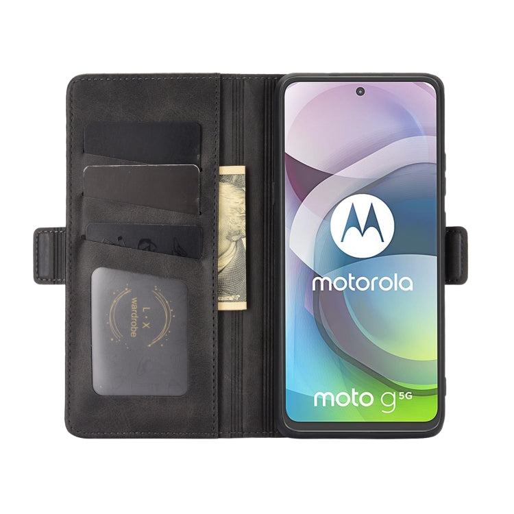 Black leather flip phone case with phone secured and card slots in the wallet