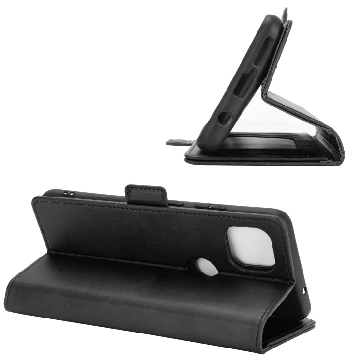 Black leather flip phone case with kickstand and magnetic closure, angled view