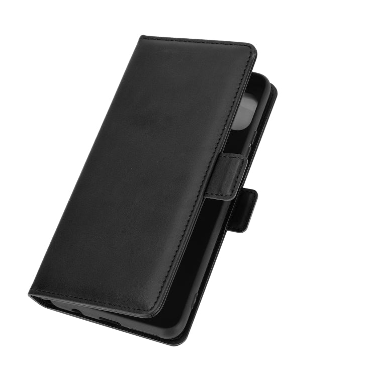 Black leather flip phone case closed with side button cutout and magnetic clasp