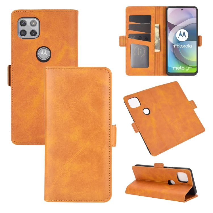 Yellow leather flip phone case with magnetic closure, card slots, and stand support