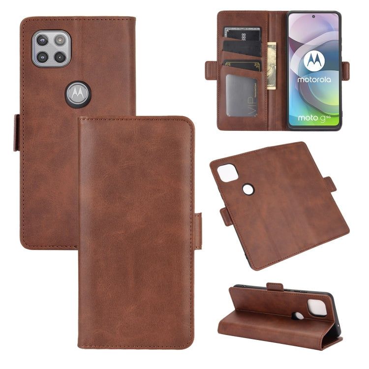 Brown leather flip phone case with magnetic closure, card slots, and stand support