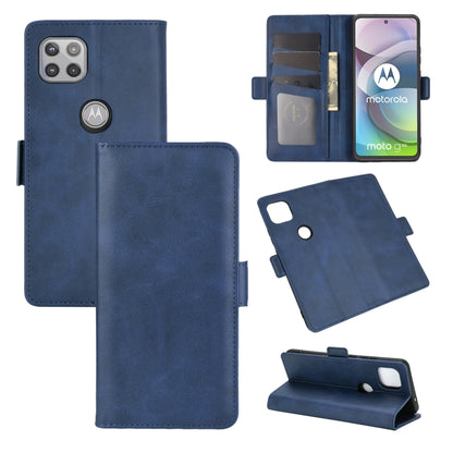 Dark blue leather flip phone case with magnetic closure, card slots, and stand support