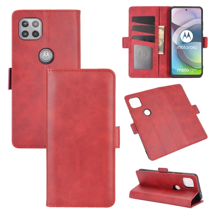 Red leather flip phone case with magnetic buckle, card slots, and wallet holder