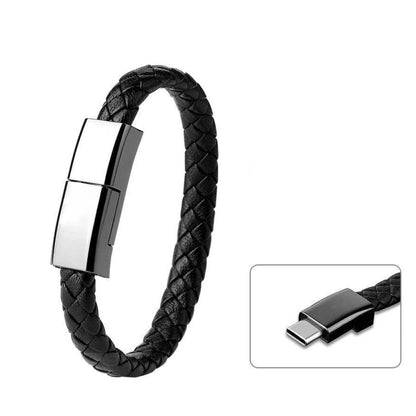 Black braided hand ring data cable bracelet with metal clasp and Type-C end
