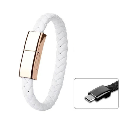 White braided hand ring data cable bracelet with metal clasp and Type-C end