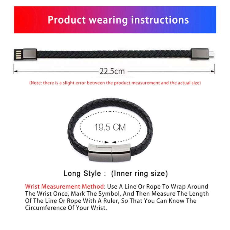 Braided bracelet data cable diagram showing USB and Type-C connector ends