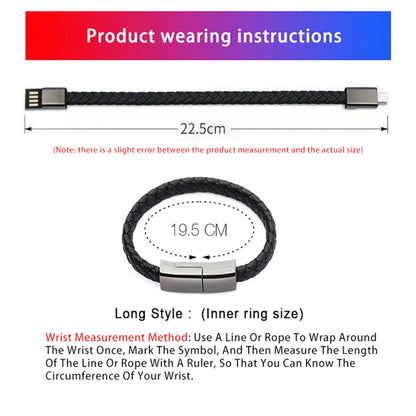 Braided bracelet data cable diagram showing USB and Type-C connector ends