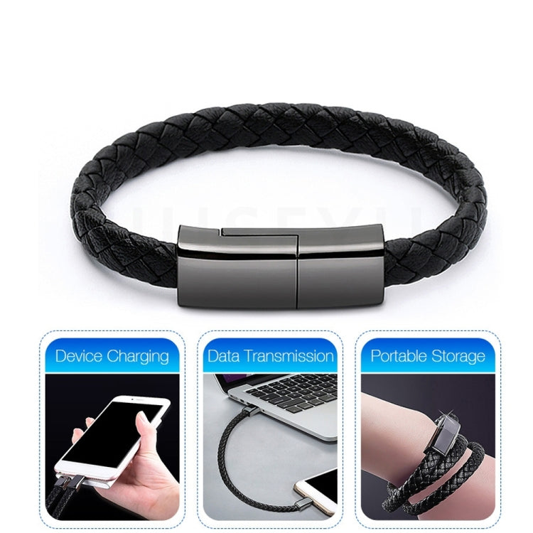 Black braided bracelet data cable with rectangular metal clasp connector