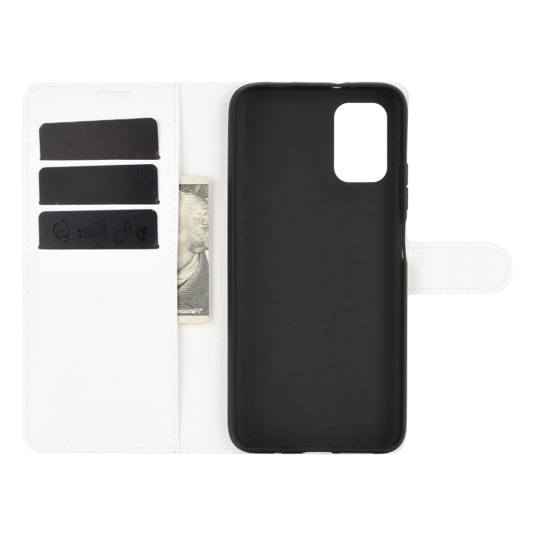 White flip wallet phone case with card slots, open view, and cutout for camera